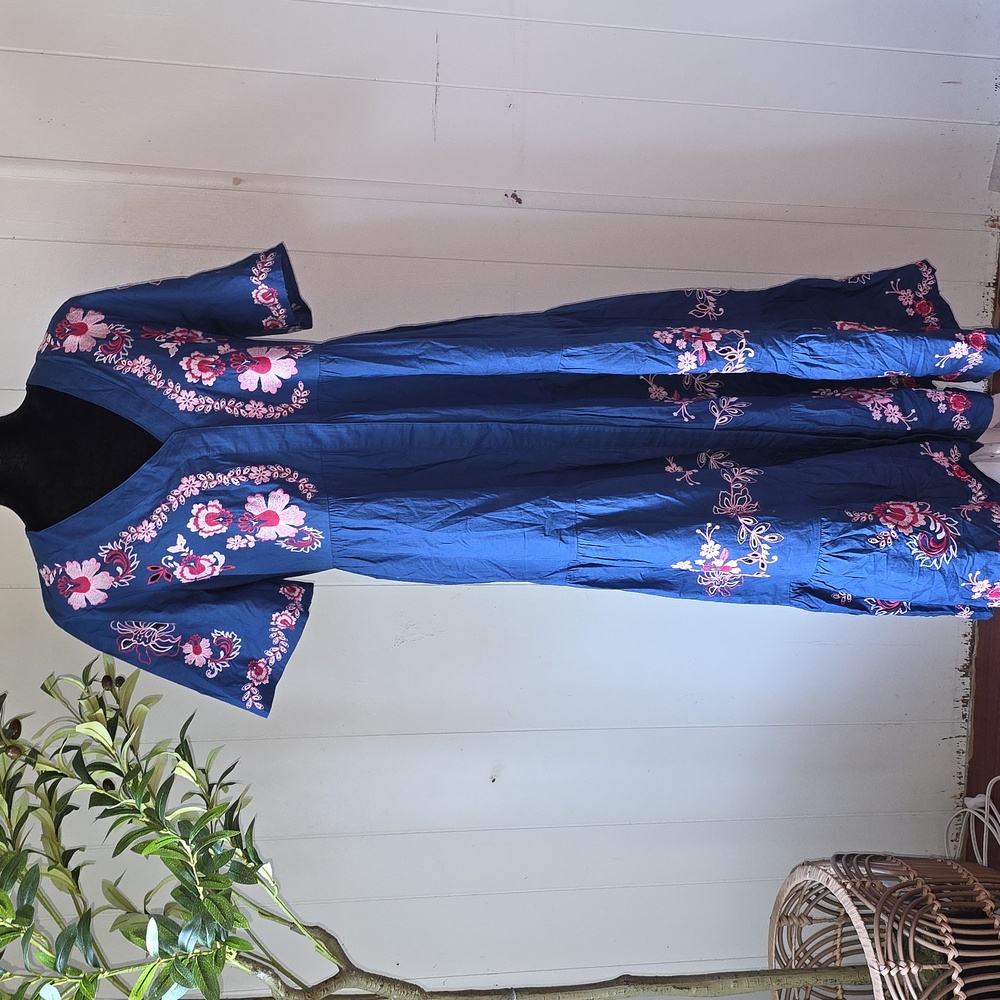 Johnny Was Blue and Pink Embroidered Midi Dress